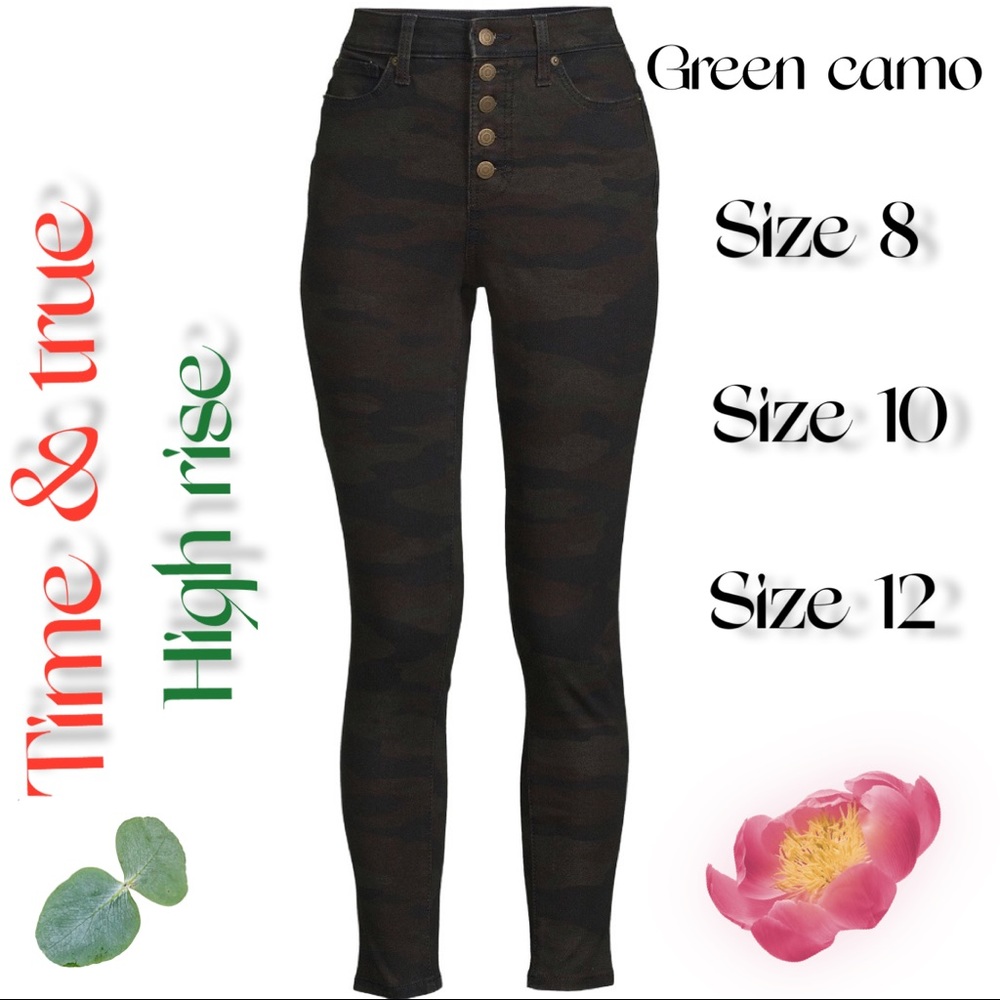 NEW time and true Women’s button fly high rise jeans SIZE 8,10 and 12 green camo